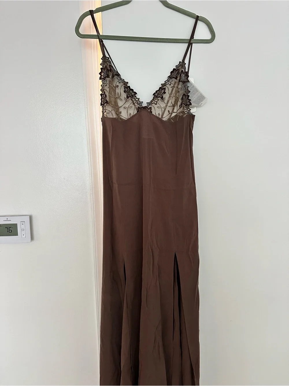La Perla Silk Malizia Brown Lace-Trim Slip nightgown with Side Slits